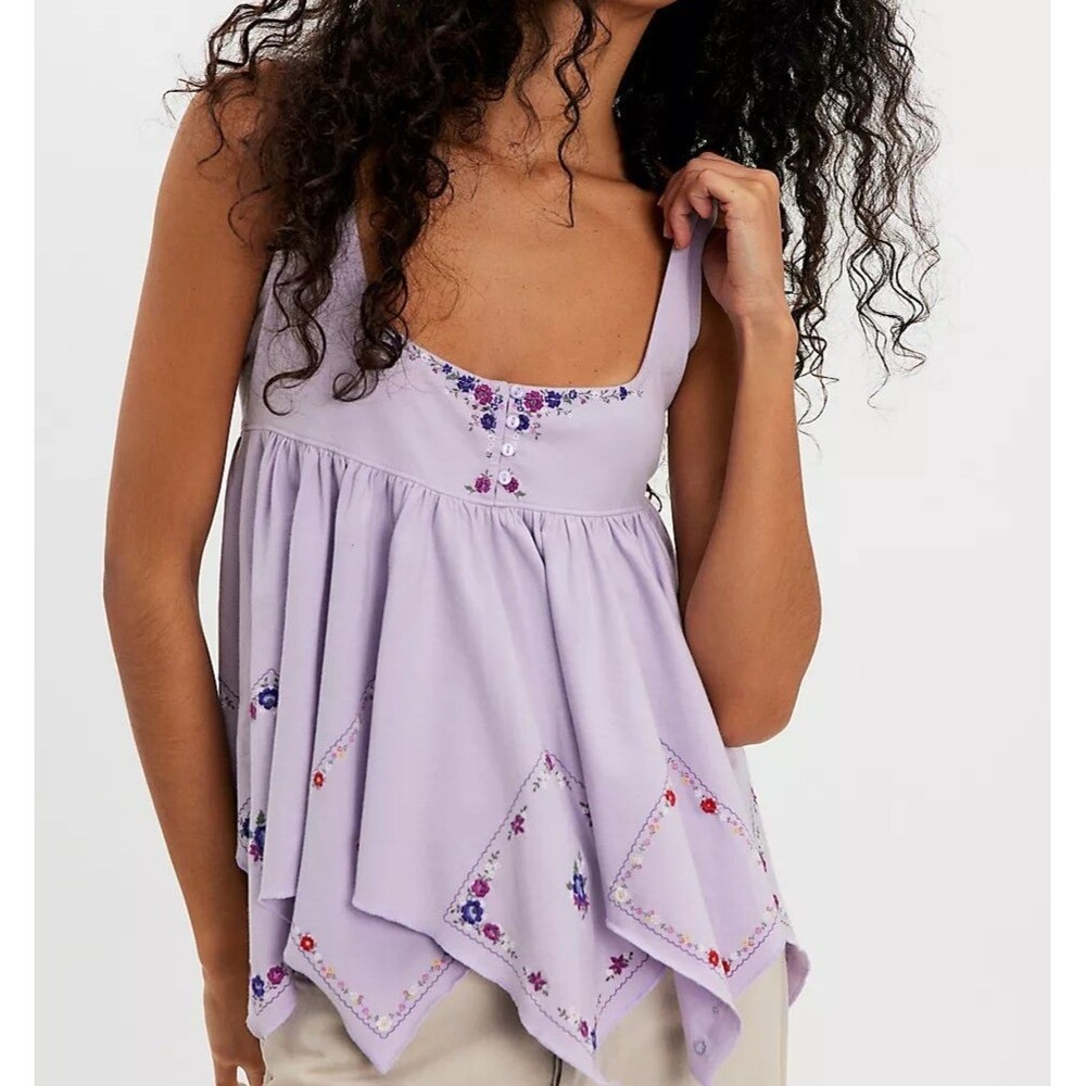 Free People Deja Vu Embroidered Babydoll Top Tank Asymmetrical Swingy XS 287119